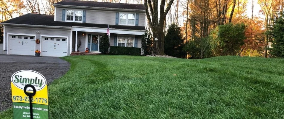 Green lawn on a residential property in front of a two-story house with a yard sign in Wayne, NJ.